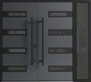 Front Exterior Prehung Aluminum Double Doors / Ronex 0131 Grey / 1 Sidelight / Mirrored Clear Glass / 1 Sidelight / Entry Metal Modern Painted (W86" x H96") Left hand Inswing
