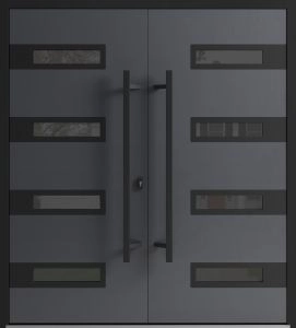 Front Exterior Prehung Aluminum Double Doors / Ronex 0131 Grey / Mirrored Clear Glass Entry Metal Modern Painted (W72" x H80") Right hand Inswing