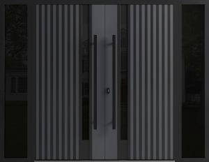 Front Exterior Prehung Aluminum Double Doors / Ronex 0144 Grey / Mirrored Clear Glass / 2 Sidelights / Entry Metal Modern Painted (W96" x H96") Right hand Inswing
