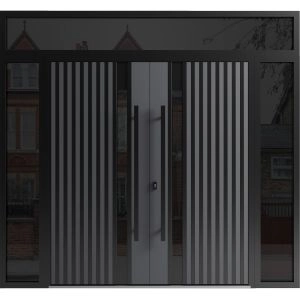 Front Exterior Prehung Aluminum Double Doors / Ronex 0144 Grey / 2 Sidelights and Top Transom / Mirrored Clear Glass Entry Metal Modern Painted (W96" x H92") Right hand Inswing