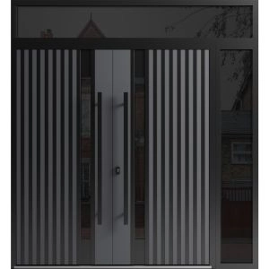 Front Exterior Prehung Aluminum Double Doors / Ronex 0144 Grey / 1 Sidelight and Top Transom / Mirrored Clear Glass Entry Metal Modern Painted (W88" x H96") Right hand Inswing
