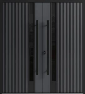 Front Exterior Prehung Aluminum Double Doors / Ronex 0144 Grey / Mirrored Clear Glass Entry Metal Modern Painted (W72" x H96") Right hand Inswing