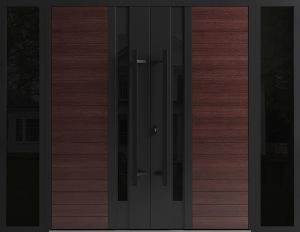 Front Exterior Prehung Aluminum Double Doors / Ronex 0162 Red Oak / 2 Sidelights / Mirrored Clear Glass Entry Metal Modern Painted (W96" x H80") Right hand Inswing