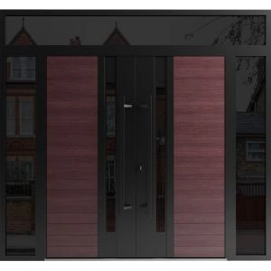 Front Exterior Prehung Aluminum Double Doors / Ronex 0162 Red Oak / 2 Sidelights and Top Transom / Mirrored Clear Glass Entry Metal Modern Painted (W96" x H108") Right hand Inswing