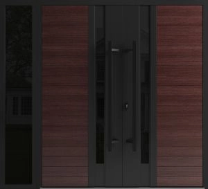 Front Exterior Prehung Aluminum Double Doors / Ronex 0162 Red Oak / 1 Sidelight / Mirrored Clear Glass Entry Metal Modern Painted (W84" x H80") Right hand Inswing