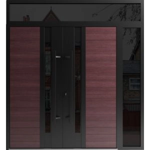 Front Exterior Prehung Aluminum Double Doors / Ronex 0162 Red Oak / Mirrored Clear Glass / 1 Sidelight and Top Transom / Entry Metal Modern Painted (W84" x H92") Right hand Inswing