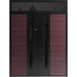 Front Exterior Prehung Aluminum Double Doors / Ronex 0162 Red Oak / Top Transom / Mirrored Clear Glass / Top Transom / Entry Metal Modern Painted (W72" x H92") Right hand Inswing