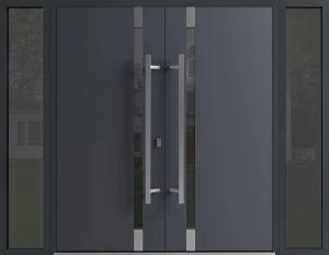 Front Exterior Prehung Aluminum Double Doors / Ronex 1011 Grey / Mirrored Clear Glass / 2 Sidelights / Entry Metal Modern Painted (W104" x H96") Left hand Outswing
