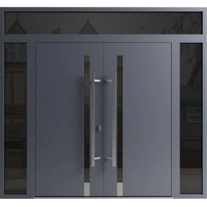 Front Exterior Prehung Aluminum Double Doors / Ronex 1011 Grey / 2 Sidelights and Top Transom / Mirrored Clear Glass Entry Metal Modern Painted (W104" x H92") Right hand Outswing