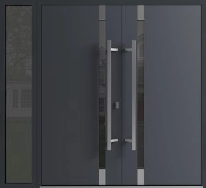 Front Exterior Prehung Aluminum Double Doors / Ronex 1011 Grey / 1 Sidelight / Mirrored Clear Glass / 1 Sidelight / Entry Metal Modern Painted (W84" x H96") Left hand Outswing