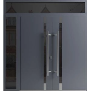 Front Exterior Prehung Aluminum Double Doors / Ronex 1011 Grey / 1 Sidelight and Top Transom / Mirrored Clear Glass Entry Metal Modern Painted (W84" x H96") Left hand Outswing