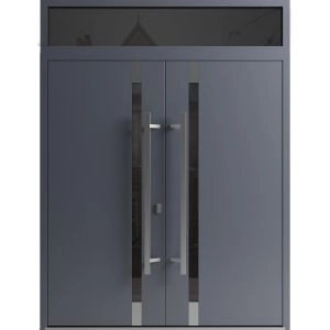 Front Exterior Prehung Aluminum Double Doors / Ronex 1011 Grey / Top Transom / Mirrored Clear Glass Entry Metal Modern Painted (W72" x H92") Right hand Outswing