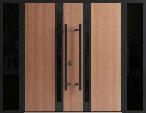 Front Exterior Prehung Aluminum Double Doors / Ronex 1033 Teak / 2 Sidelights / Mirrored Clear Glass Entry Metal Modern Veneer Painted (W96" x H80") Right hand Inswing