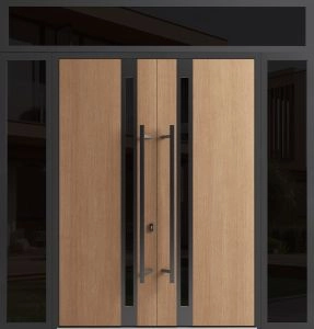 Front Exterior Prehung Aluminum Double Doors / Ronex 1033 Teak / 2 Sidelights and Top Transom / Mirrored Clear Glass Entry Metal Modern Veneer Painted (W96" x H92") Right hand Inswing