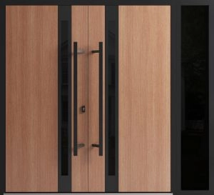 Front Exterior Prehung Aluminum Double Doors / Ronex 1033 Teak / 1 Sidelight / Mirrored Clear Glass Entry Metal Modern Veneer Painted (W84" x H80") Right hand Inswing
