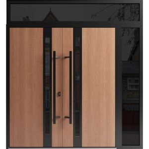 Front Exterior Prehung Aluminum Double Doors / Ronex 1033 Teak / Mirrored Clear Glass / 1 Sidelight and Top Transom / Entry Metal Modern Veneer Painted (W84" x H92") Right hand Inswing
