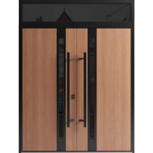 Front Exterior Prehung Aluminum Double Doors / Ronex 1033 Teak / Top Transom / Mirrored Clear Glass / Top Transom / Entry Metal Modern Veneer Painted (W72" x H92") Right hand Inswing