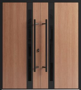 Front Exterior Prehung Aluminum Double Doors / Ronex 1033 Teak / Mirrored Clear Glass Entry Metal Modern Veneer Painted (W72" x H96") Right hand Inswing