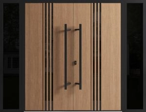 Front Exterior Prehung Aluminum Double Doors / Ronex 1055 Teak / 2 Sidelights / Mirrored Clear Glass Entry Metal Modern Veneer Painted (W96" x H80") Right hand Inswing