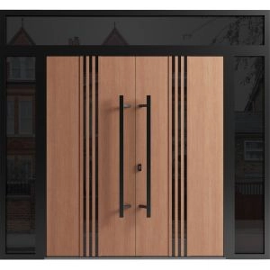 Front Exterior Prehung Aluminum Double Doors / Ronex 1055 Teak / 2 Sidelights and Top Transom / Mirrored Clear Glass Entry Metal Modern Veneer Painted (W96" x H92") Right hand Inswing