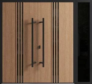 Front Exterior Prehung Aluminum Double Doors / Ronex 1055 Teak / 1 Sidelight / Mirrored Clear Glass Entry Metal Modern Veneer Painted (W84" x H80") Right hand Inswing