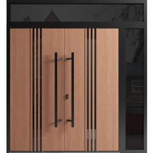 Front Exterior Prehung Aluminum Double Doors / Ronex 1055 Teak / Mirrored Clear Glass / 1 Sidelight and Top Transom / Entry Metal Modern Veneer Painted (W84" x H92") Right hand Inswing