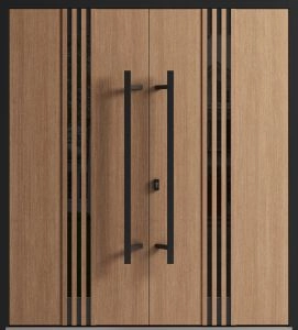 Front Exterior Prehung Aluminum Double Doors / Ronex 1055 Teak / Mirrored Clear Glass Entry Metal Modern Veneer Painted (W72" x H80") Left hand Inswing