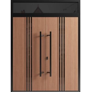 Front Exterior Prehung Aluminum Double Doors / Ronex 1055 Teak / Top Transom / Mirrored Clear Glass / Top Transom / Entry Metal Modern Veneer Painted (W72" x H92") Right hand Inswing