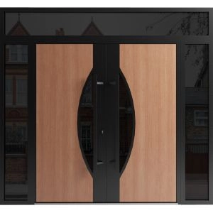 Front Exterior Prehung Aluminum Double Doors / Ronex 1077 Teak / 2 Sidelights and Top Transom / Mirrored Clear Glass Entry Metal Modern Veneer Painted (W96" x H92") Right hand Inswing
