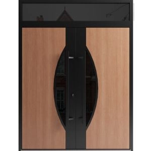 Front Exterior Prehung Aluminum Double Doors / Ronex 1077 Teak / Top Transom / Mirrored Clear Glass / Top Transom / Entry Metal Modern Veneer Painted (W72" x H92") Right hand Inswing