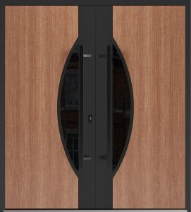 Front Exterior Prehung Aluminum Double Doors / Ronex 1077 Teak / Mirrored Clear Glass Entry Metal Modern Veneer Painted (W72" x H96") Left hand Inswing