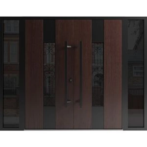 Front Exterior Prehung Aluminum Double Doors / Ronex 1205 Bronze Oak / 2 Sidelights / Mirrored Clear Glass Entry Metal Modern Veneer Painted (W96" x H80") Right hand Inswing