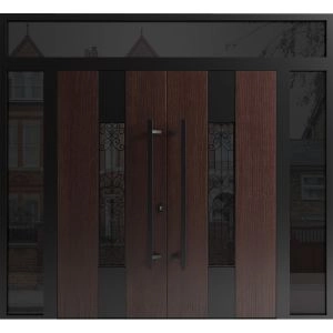 Front Exterior Prehung Aluminum Double Doors / Ronex 1205 Bronze Oak / 2 Sidelights and Top Transom / Mirrored Clear Glass Entry Metal Modern Veneer Painted (W96" x H92") Right hand Inswing