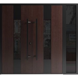 Front Exterior Prehung Aluminum Double Doors / Ronex 1205 Bronze Oak / 1 Sidelight / Mirrored Clear Glass Entry Metal Modern Veneer Painted (W84" x H80") Right hand Inswing