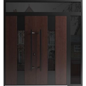 Front Exterior Prehung Aluminum Double Doors / Ronex 1205 Bronze Oak / Mirrored Clear Glass / 1 Sidelight and Top Transom / Entry Metal Modern Veneer Painted (W84" x H92") Right hand Inswing