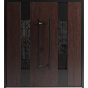 Front Exterior Prehung Aluminum Double Doors / Ronex 1205 Bronze Oak / Mirrored Clear Glass Entry Metal Modern Veneer Painted (W72" x H80") Right hand Inswing