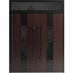 Front Exterior Prehung Aluminum Double Doors / Ronex 1205 Bronze Oak / Top Transom / Mirrored Clear Glass / Top Transom / Entry Metal Modern Veneer Painted (W72" x H92") Right hand Inswing