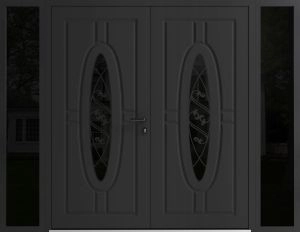 Front Exterior Prehung Aluminum Double Doors / Ronex 1277 Black Enamel / Mirrored Clear Glass / 2 Sidelights / Entry Metal Modern Painted (W96" x H96") Right hand Inswing