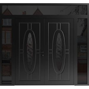 Front Exterior Prehung Aluminum Double Doors / Ronex 1277 Black Enamel / 2 Sidelights and Top Transom / Mirrored Clear Glass Entry Metal Modern Painted (W96" x H92") Right hand Inswing
