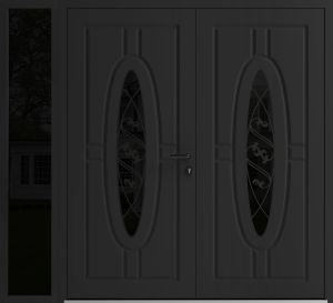 Front Exterior Prehung Aluminum Double Doors / Ronex 1277 Black Enamel / 1 Sidelight / Mirrored Clear Glass / 1 Sidelight / Entry Metal Modern Painted (W88" x H96") Left hand Inswing