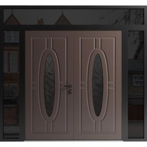 Front Exterior Prehung Aluminum Double Doors / Ronex 1277 Brown / 2 Sidelights and Top Transom / Mirrored Clear Glass Entry Metal Modern Painted (W96" x H92") Right hand Inswing