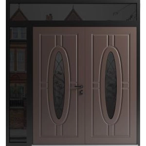 Front Exterior Prehung Aluminum Double Doors / Ronex 1277 Brown / Mirrored Clear Glass / 1 Sidelight and Top Transom / Entry Metal Modern Painted (W86" x H94") Left hand Inswing
