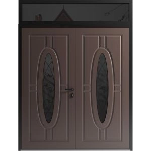 Front Exterior Prehung Aluminum Double Doors / Ronex 1277 Brown / Top Transom / Mirrored Clear Glass / Top Transom / Entry Metal Modern Painted (W72" x H94") Right hand Inswing