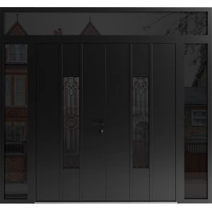 Front Exterior Prehung Aluminum Double Doors / Ronex 1477 Black Enamel / 2 Sidelights and Top Transom / Mirrored Clear Glass Entry Metal Modern Painted (W96" x H92") Right hand Inswing