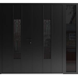 Front Exterior Prehung Aluminum Double Doors / Ronex 1477 Black Enamel / 1 Sidelight / Mirrored Clear Glass Entry Metal Modern Painted (W84" x H80") Right hand Inswing