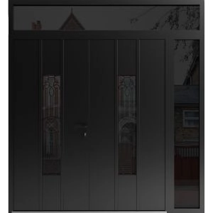 Front Exterior Prehung Aluminum Double Doors / Ronex 1477 Black Enamel / Mirrored Clear Glass / 1 Sidelight and Top Transom / Entry Metal Modern Painted (W84" x H92") Right hand Inswing
