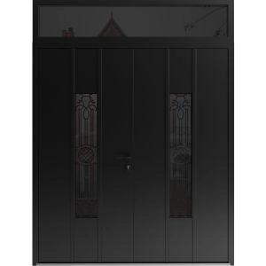 Front Exterior Prehung Aluminum Double Doors / Ronex 1477 Black Enamel / Top Transom / Mirrored Clear Glass / Top Transom / Entry Metal Modern Painted (W72" x H92") Right hand Inswing