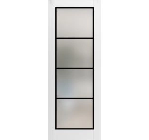 Slab Barn Door Panel Lite | Planum 2132 White Silk with Frosted Glass and Aluminum Strips | Wood Solid Panel Frame Trims | Closet Bedroom Sturdy Doors