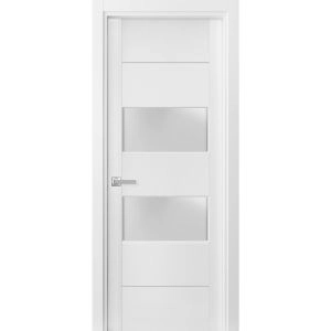 Solid French Door 2 lites | Lucia 4010 White Silk with Frosted Glass | Single Regular Panel Frame Trims Handle | Bathroom Bedroom Sturdy Doors 