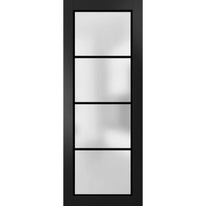 Slab Barn Door Panel Lite | Planum 2132 Matte Black with Frosted Glass and Aluminum Strips | Sturdy Finished Modern Doors | Pocket Closet Sliding